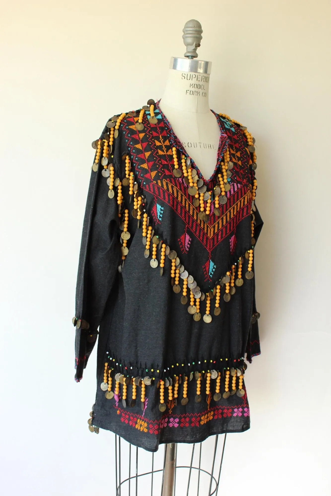 Vintage Ethnic Tribal Shirt, Black Cotton Embroidered With Folk Patterns and Coins