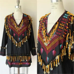 Vintage Ethnic Tribal Shirt, Black Cotton Embroidered With Folk Patterns and Coins