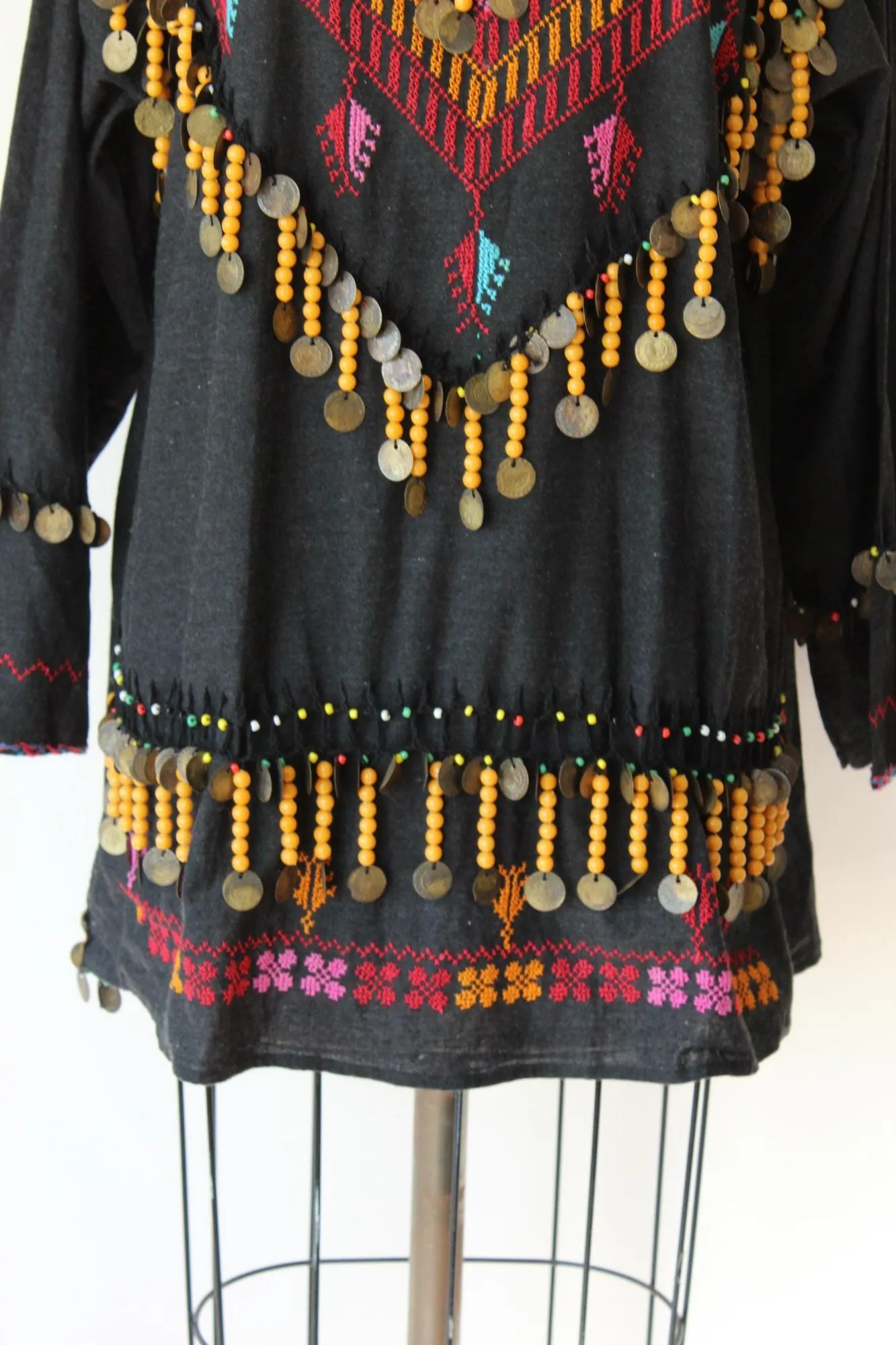 Vintage Ethnic Tribal Shirt, Black Cotton Embroidered With Folk Patterns and Coins