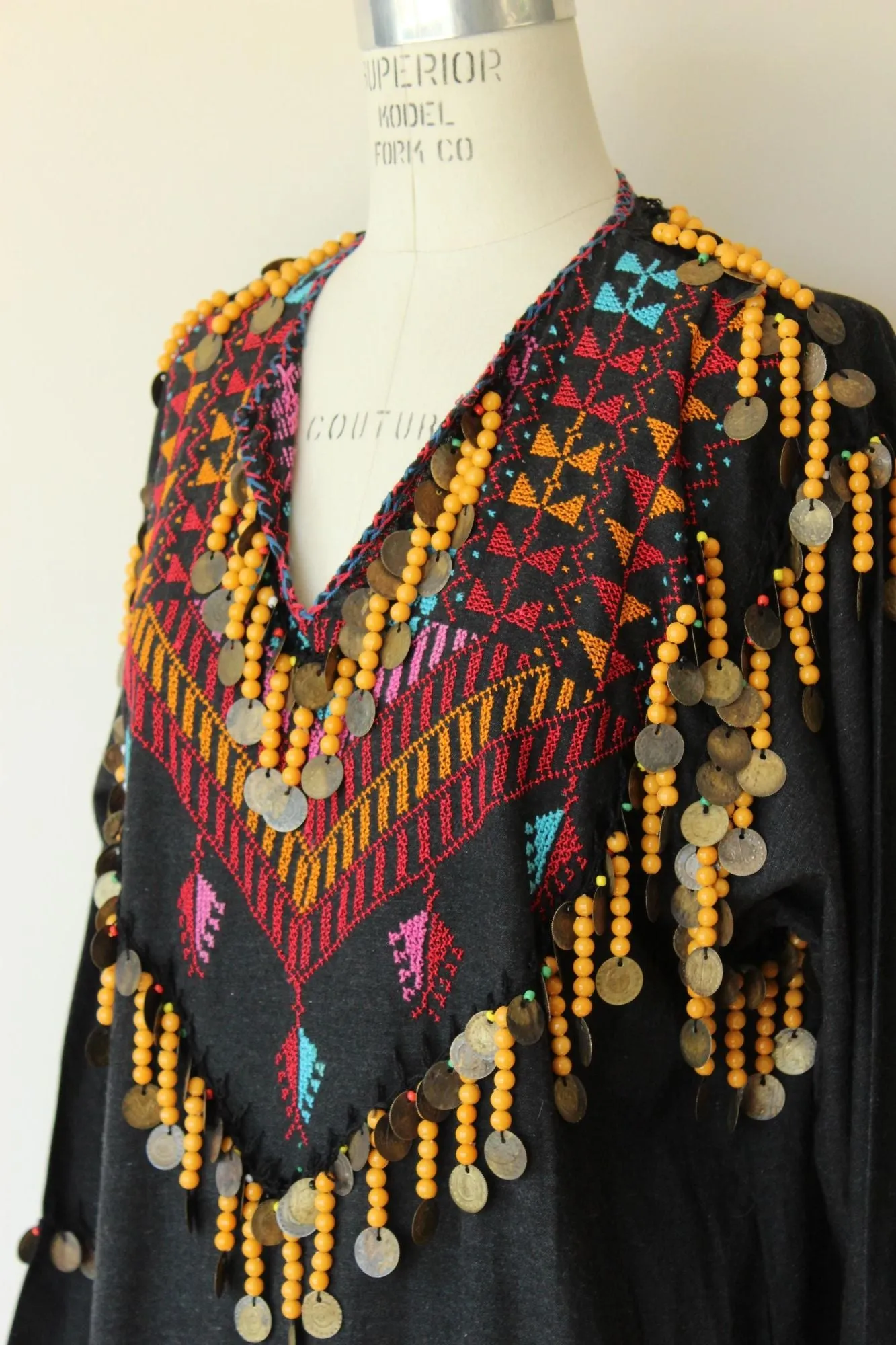 Vintage Ethnic Tribal Shirt, Black Cotton Embroidered With Folk Patterns and Coins