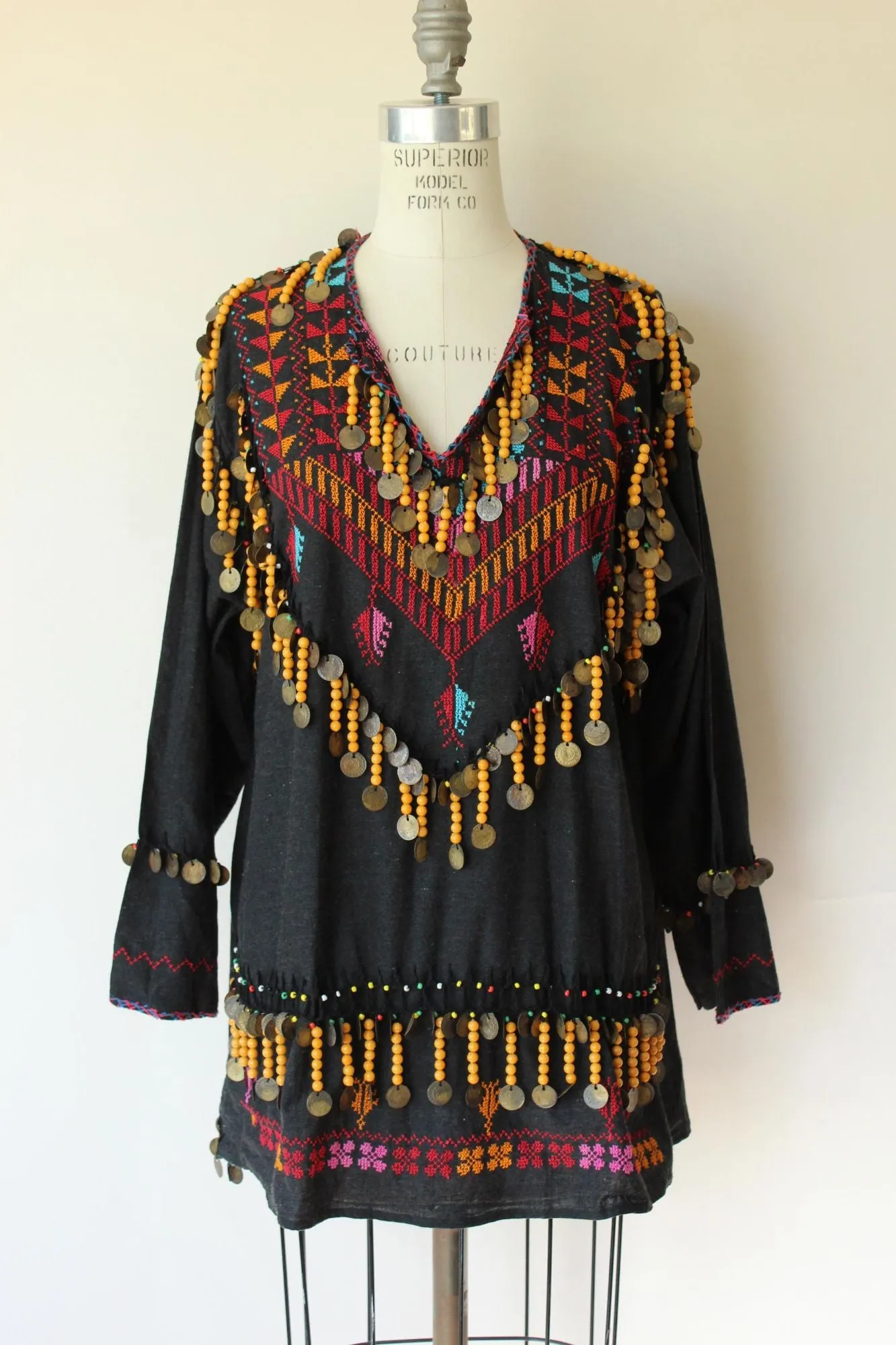 Vintage Ethnic Tribal Shirt, Black Cotton Embroidered With Folk Patterns and Coins