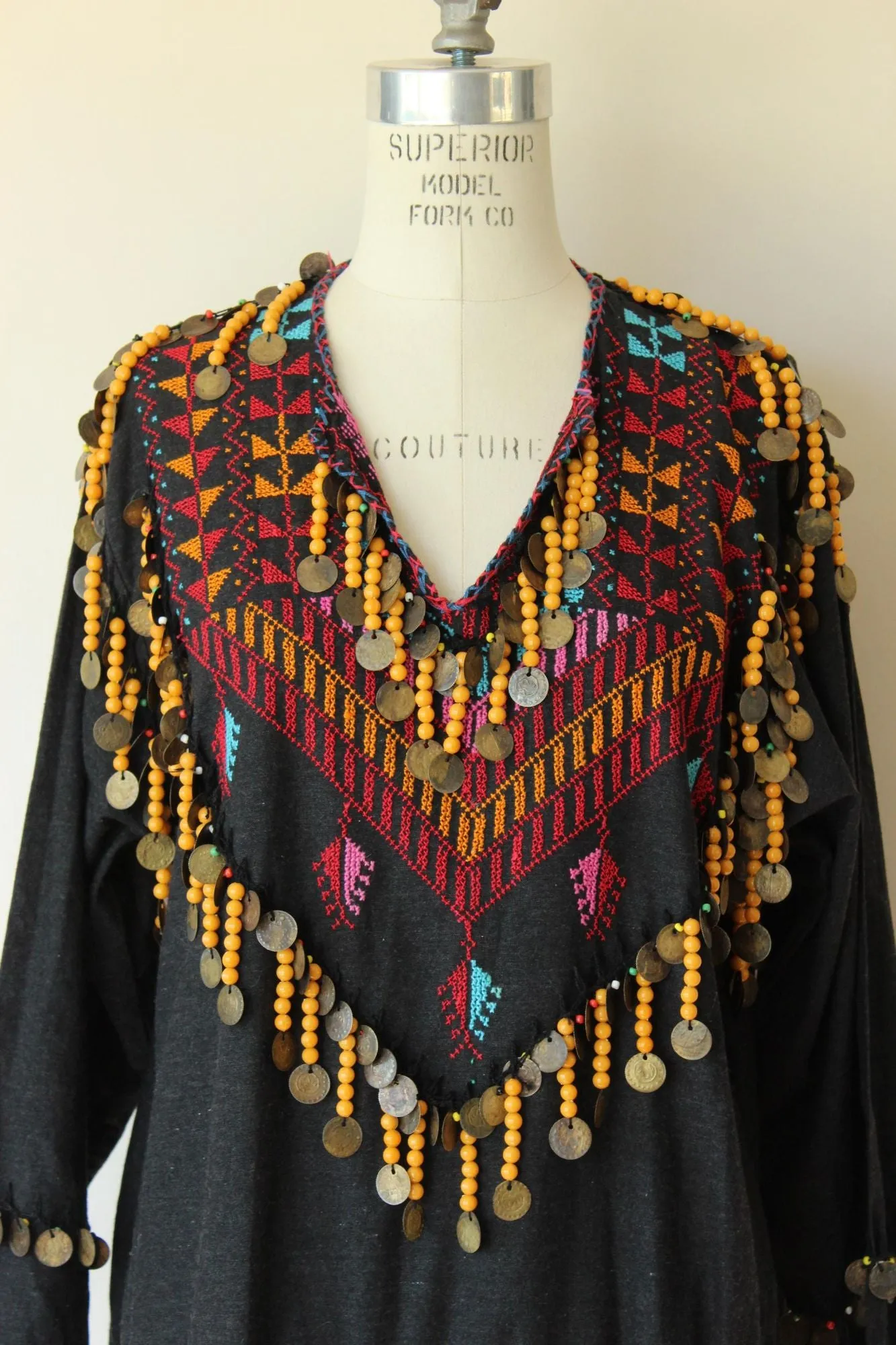 Vintage Ethnic Tribal Shirt, Black Cotton Embroidered With Folk Patterns and Coins