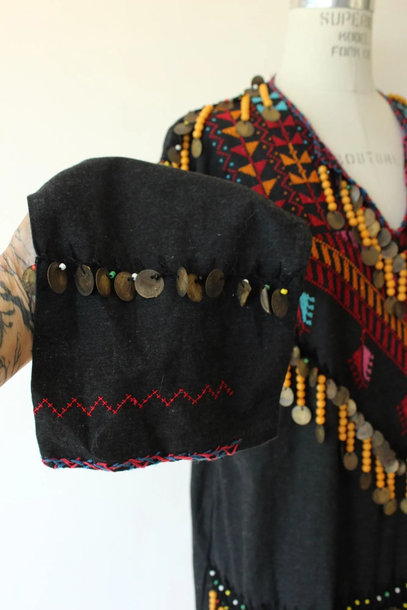 Vintage Ethnic Tribal Shirt, Black Cotton Embroidered With Folk Patterns and Coins