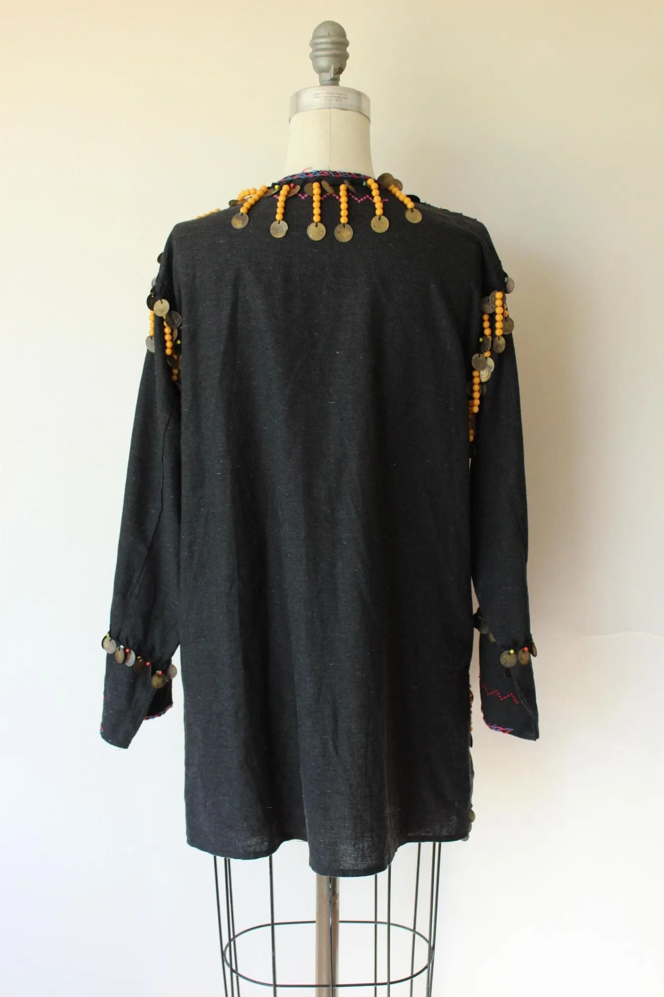 Vintage Ethnic Tribal Shirt, Black Cotton Embroidered With Folk Patterns and Coins