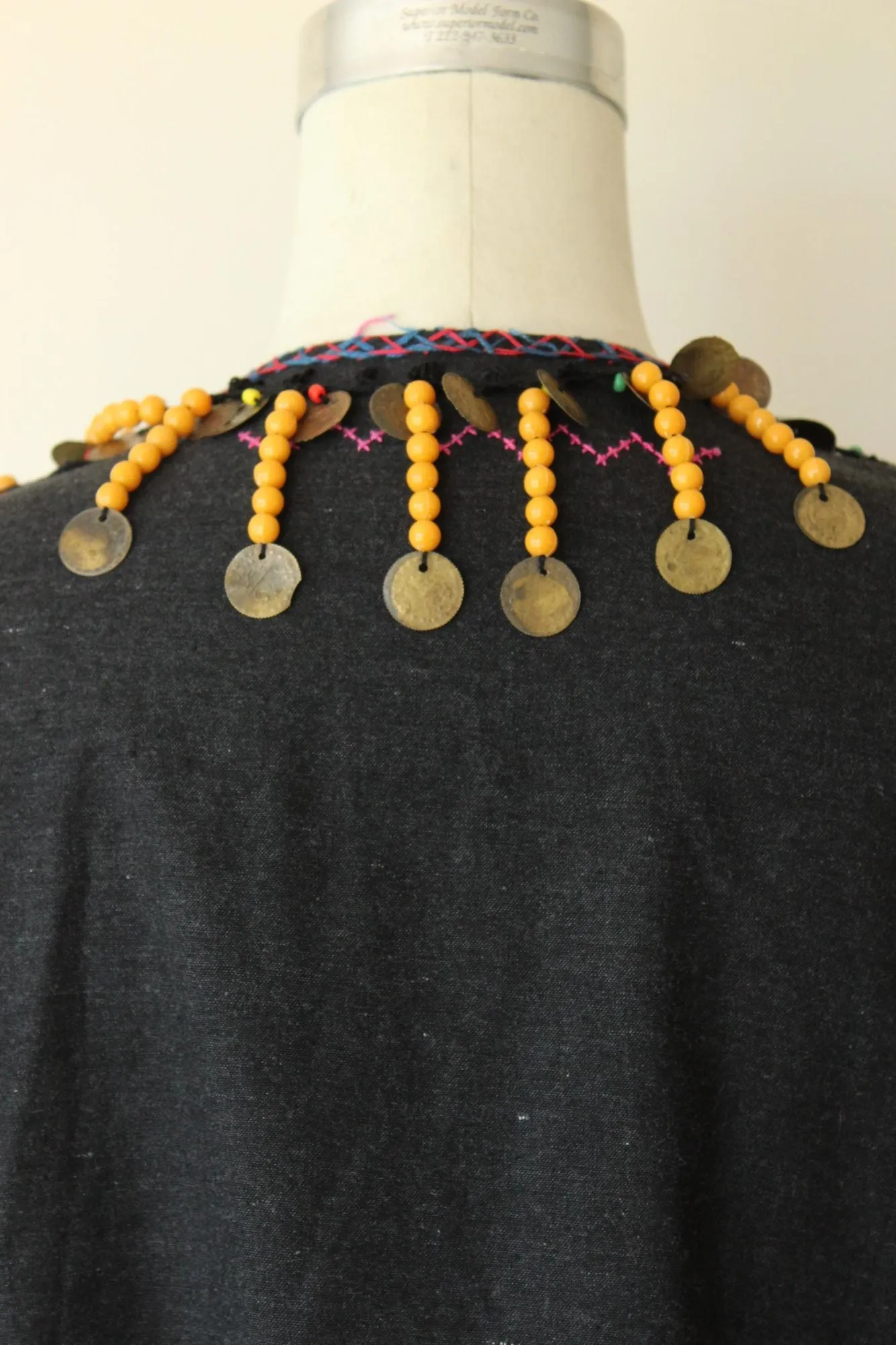 Vintage Ethnic Tribal Shirt, Black Cotton Embroidered With Folk Patterns and Coins