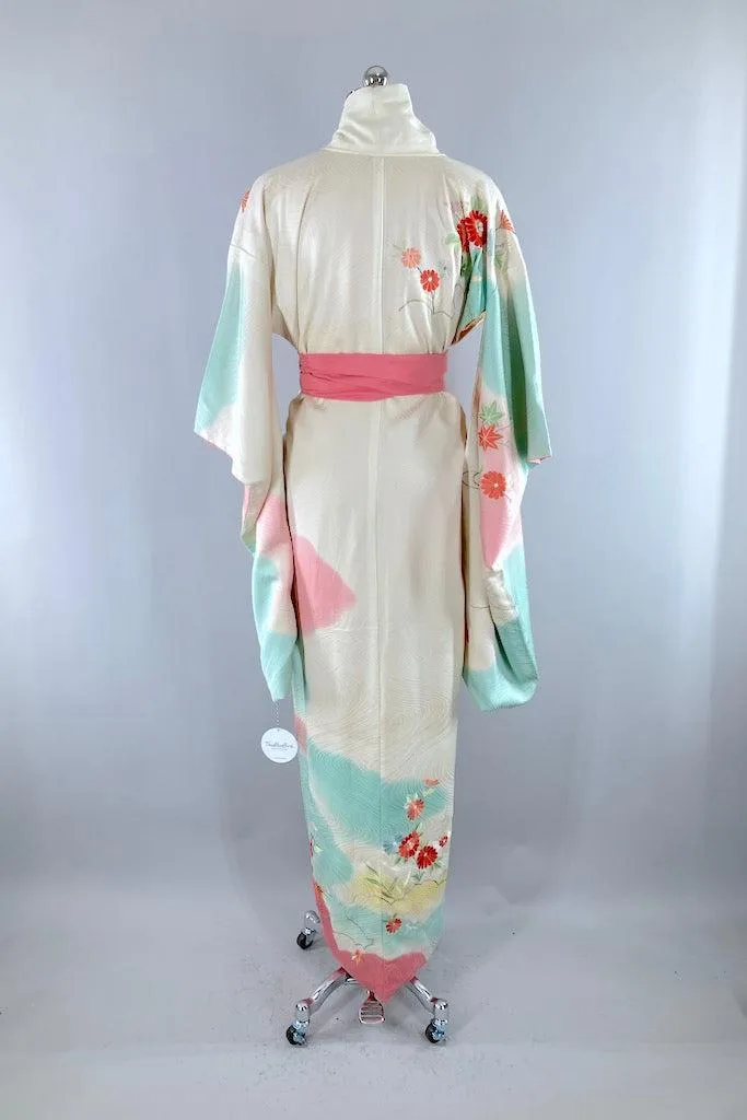 Vintage Mint Green Embroidered Silk Kimono Robe