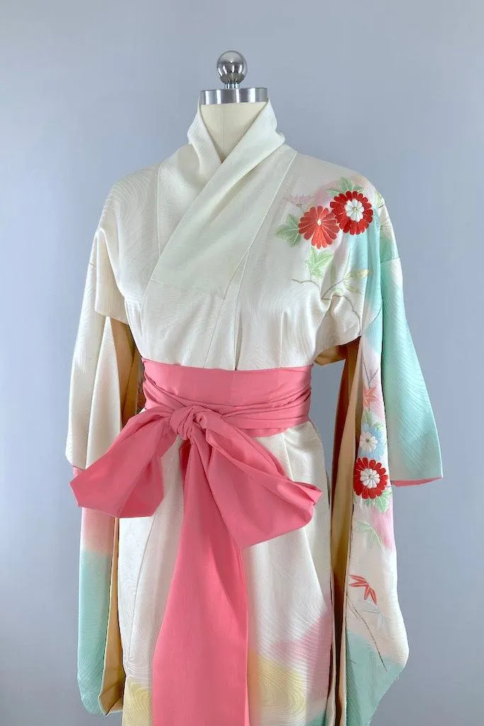 Vintage Mint Green Embroidered Silk Kimono Robe