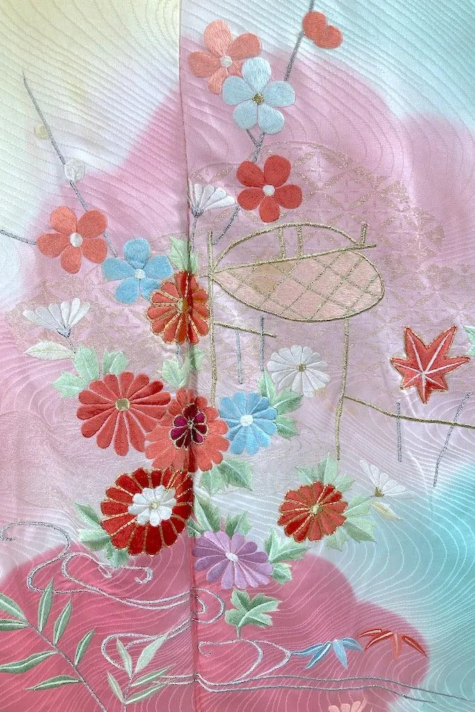 Vintage Mint Green Embroidered Silk Kimono Robe