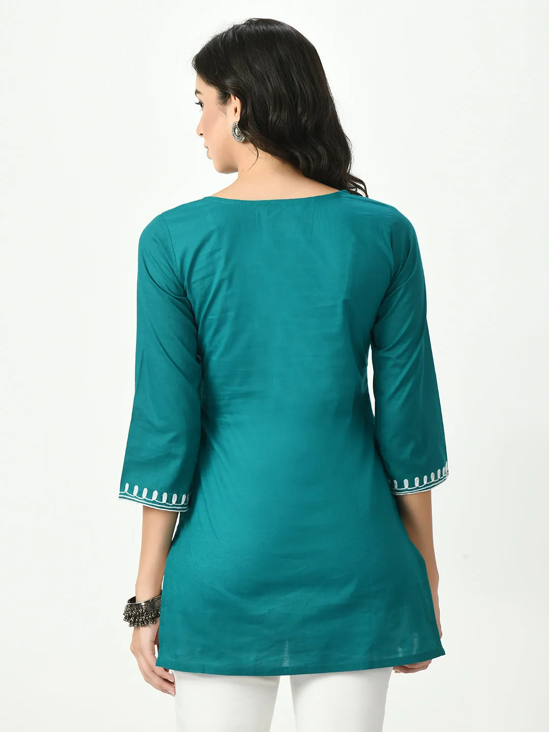 Women Green Embroidered Short Kurti