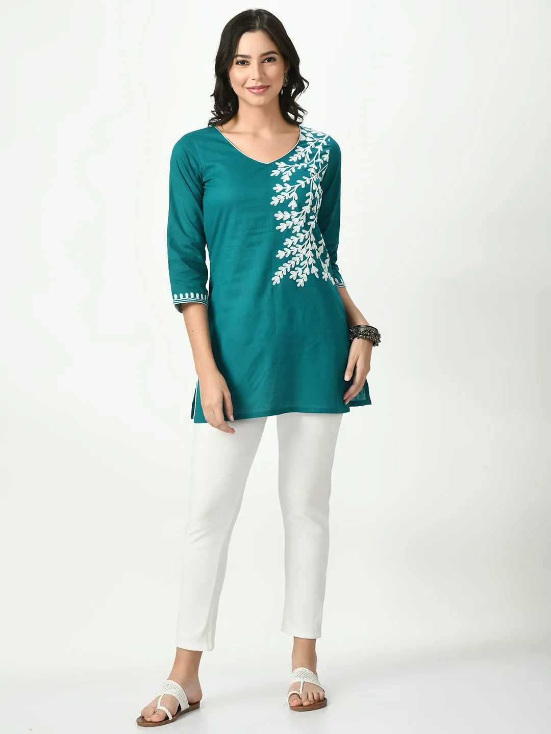 Women Green Embroidered Short Kurti