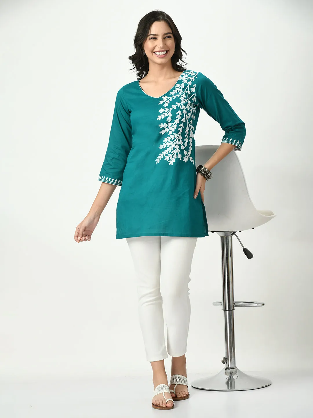 Women Green Embroidered Short Kurti