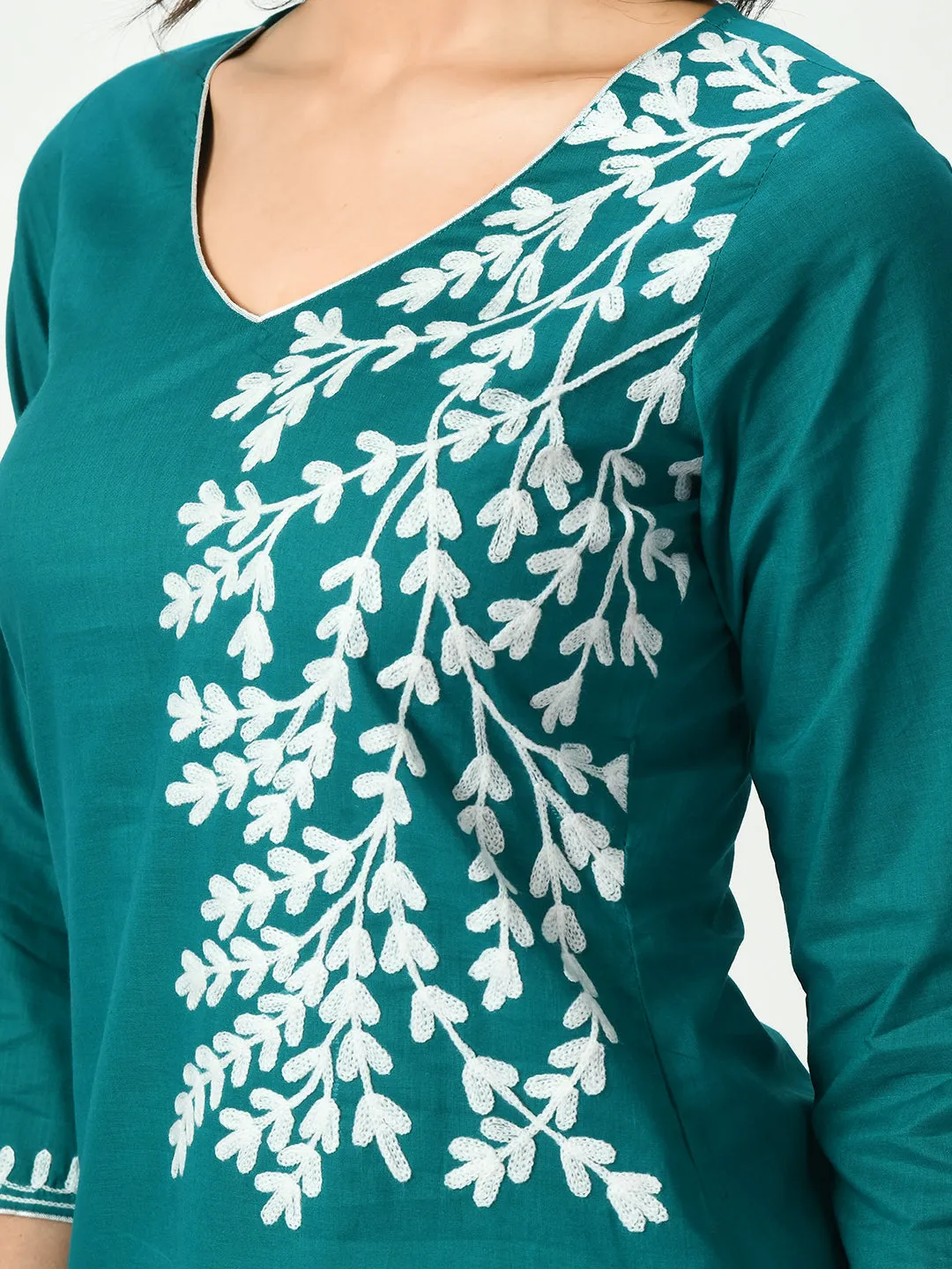 Women Green Embroidered Short Kurti