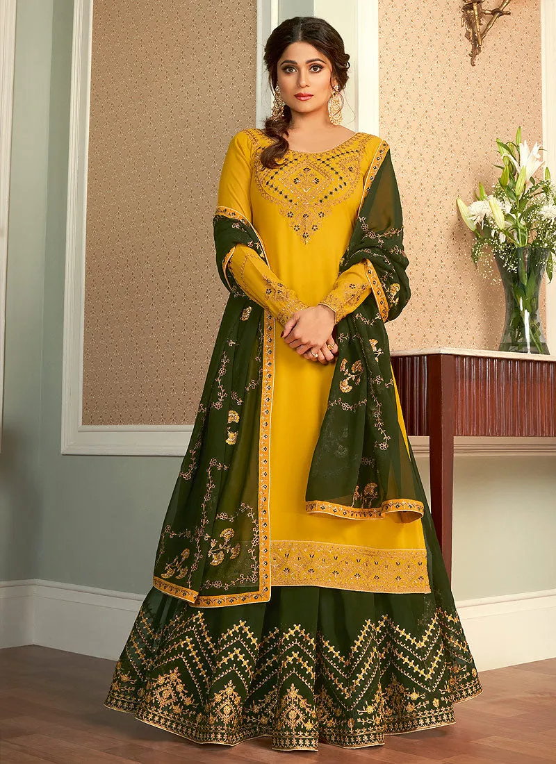 Yellow And Green Embroidered Lehenga Style Suit