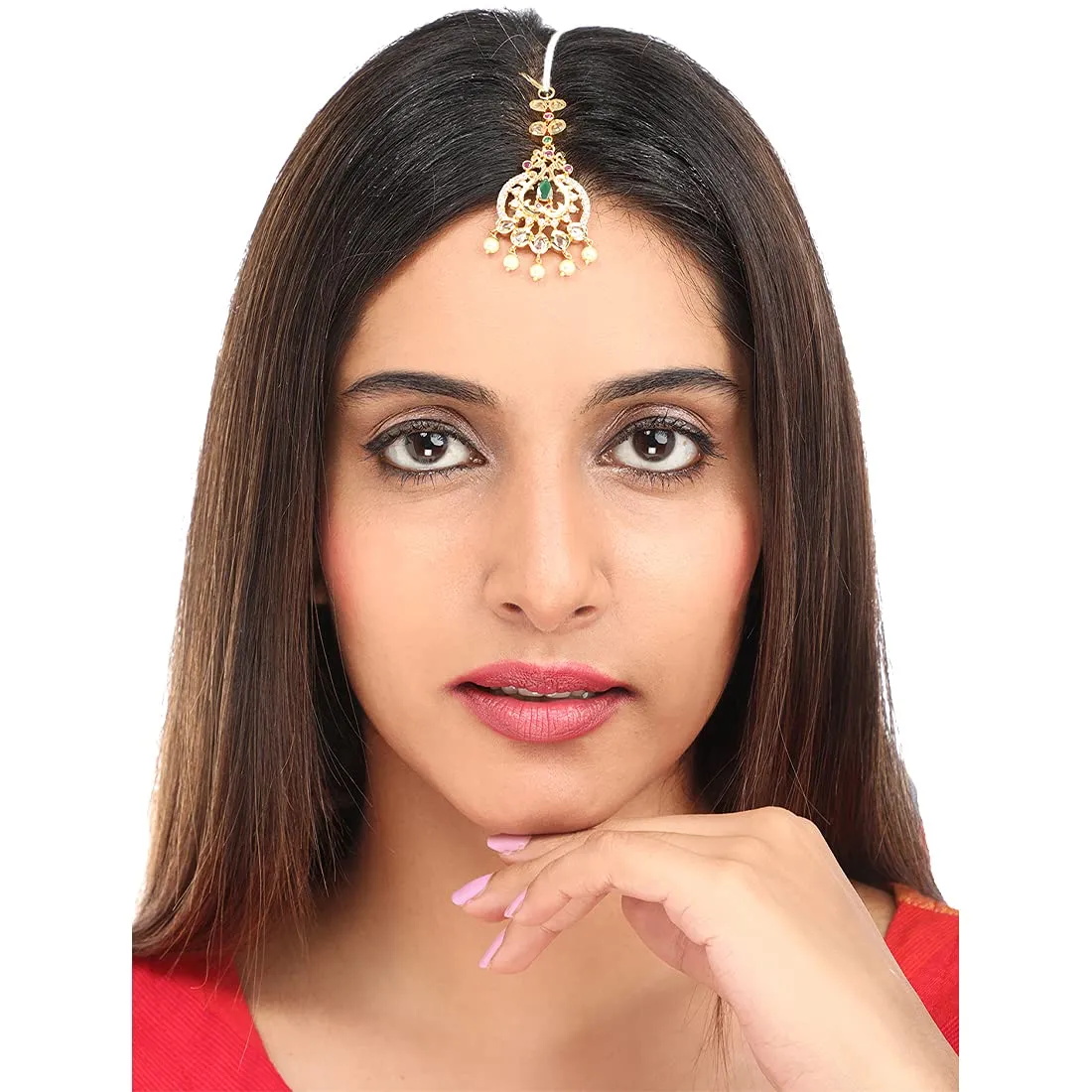 Yellow Chimes Classic AD/American Diamond Studded Gold Plated Multicolour Stone Maang Tikka for Women and Girls, Multicolor, Medium